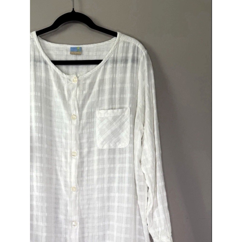 Womens Large Blouse White Tunic Top Button Up Sheer Coastal Cottage Beach Layers